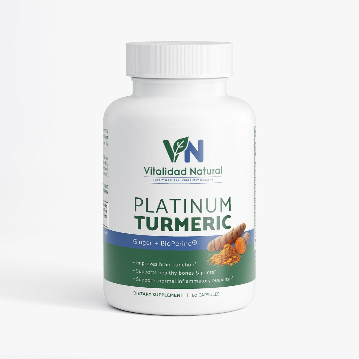 Supplement bottle labeled 'Platinum Turmeric' by Vitalidad Natural on a white background