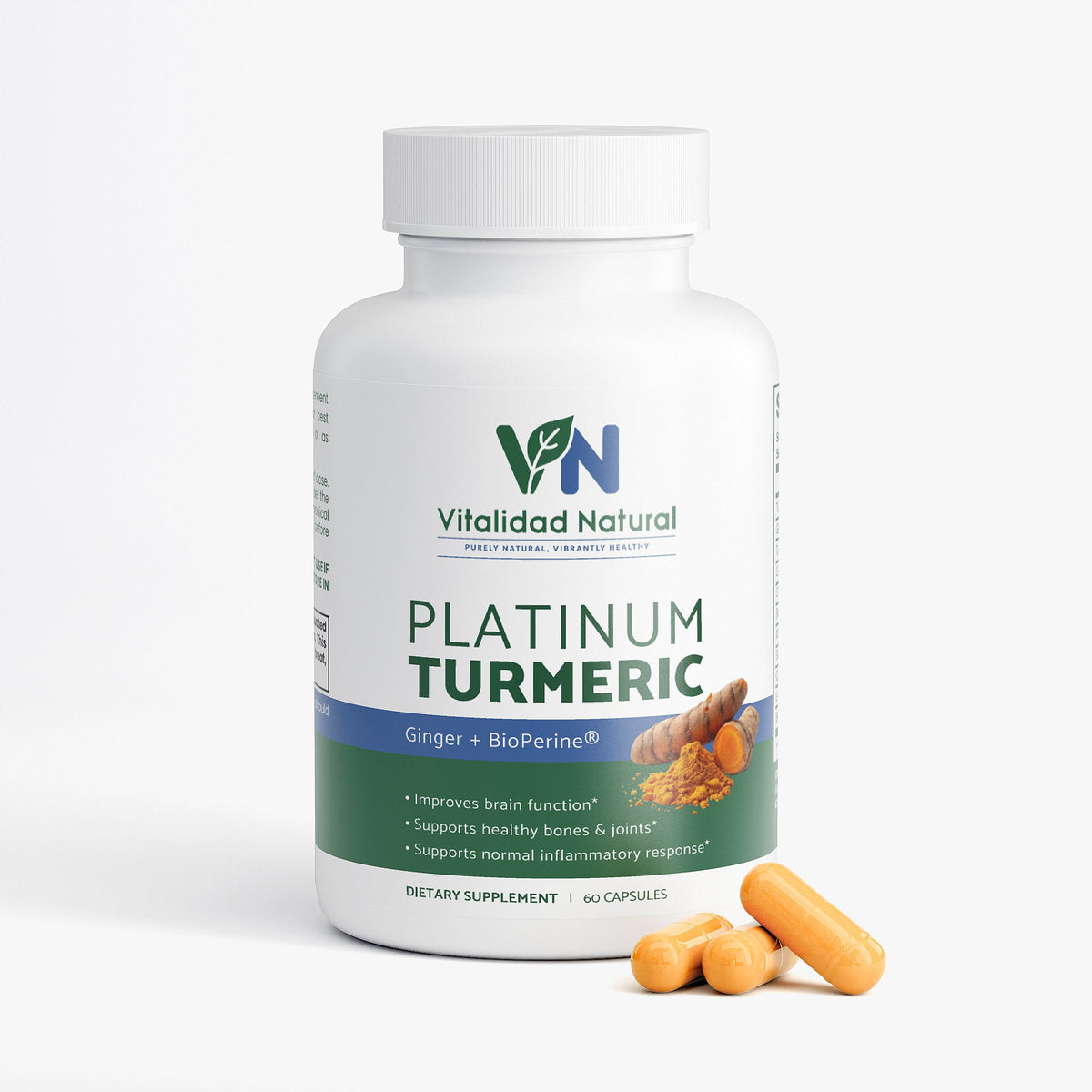 Supplement bottle labeled 'Platinum Turmeric' by Vitalidad Natural on a white background