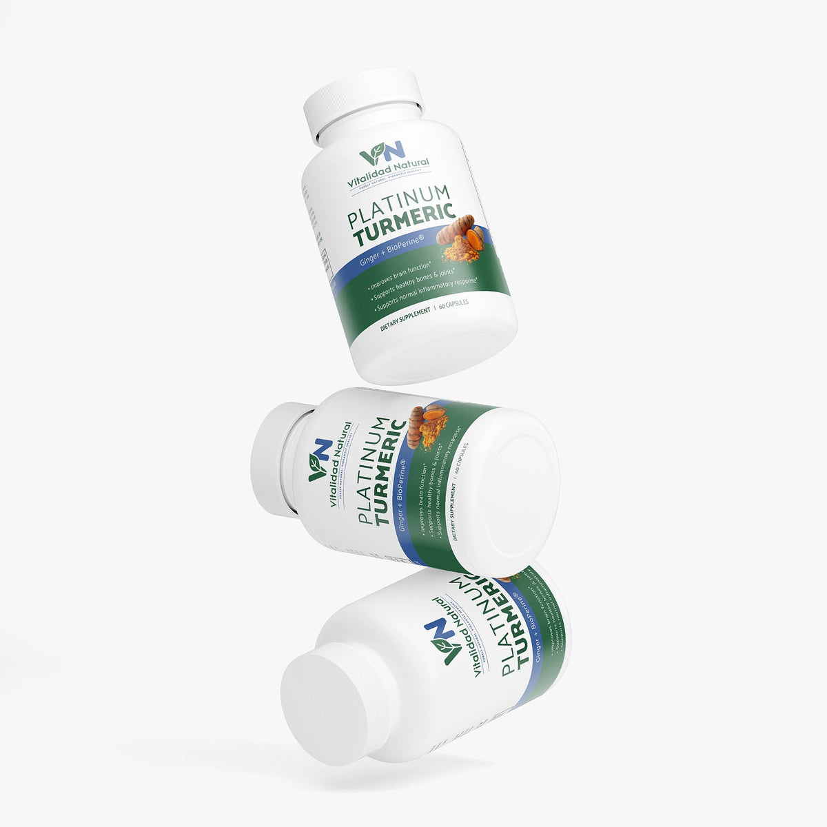 Three bottles of Platinum Turmeric supplement on a white background