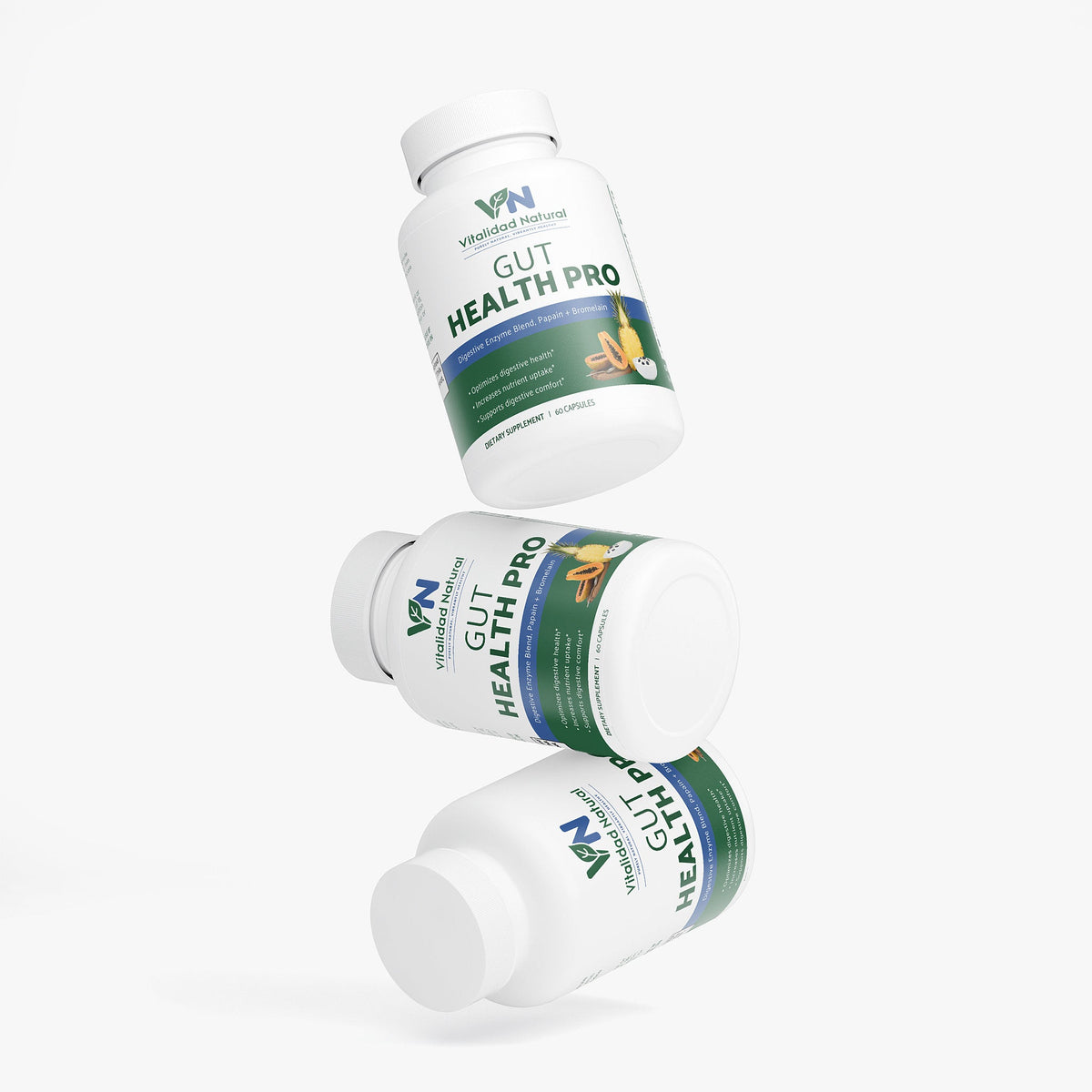 Three bottles of Gut Health Pro supplement on a white background