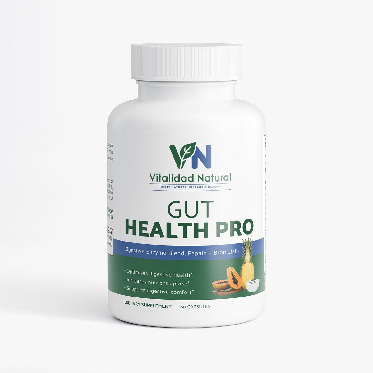 Vitalidad Natural Gut Health Pro supplement bottle on a white background