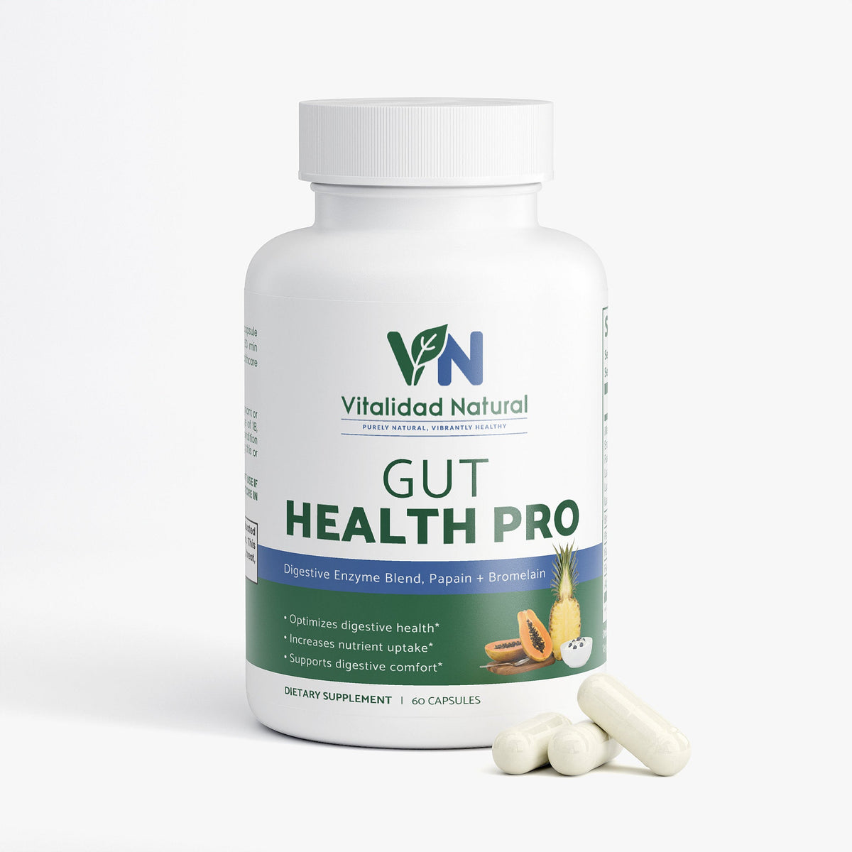 Vitalidad Natural Gut Health Pro supplement bottle with capsules on a white background