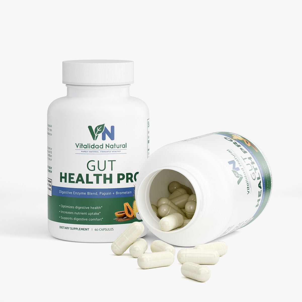 Vitalidad Natural Gut Health Pro supplement bottle with open lid showing capsules on a white background