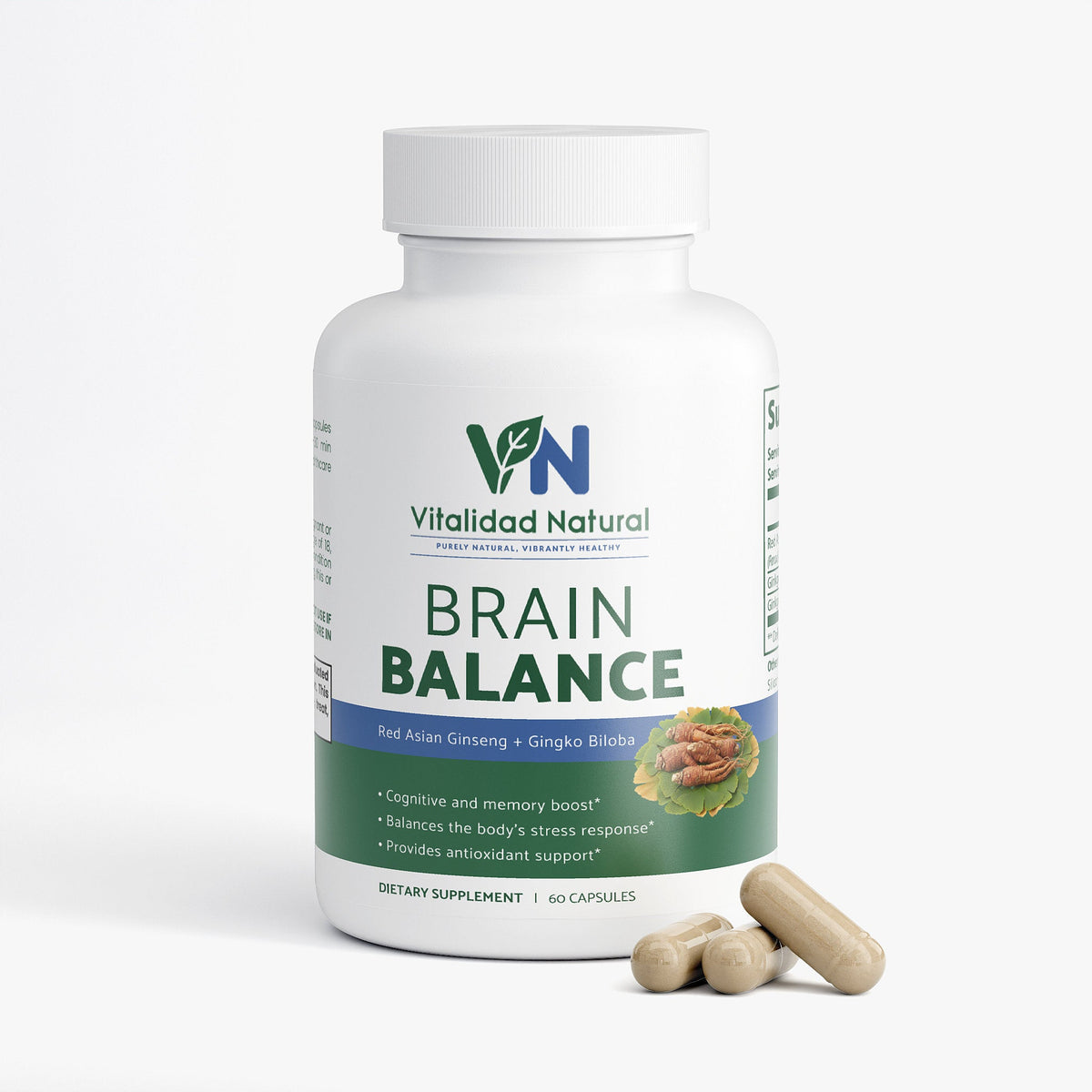 Vitalidad Natural Brain Balance supplement bottle with capsules on a white background