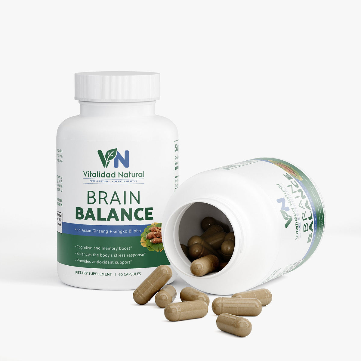Vitalidad Natural Brain Balance supplement bottle with capsules on a white background