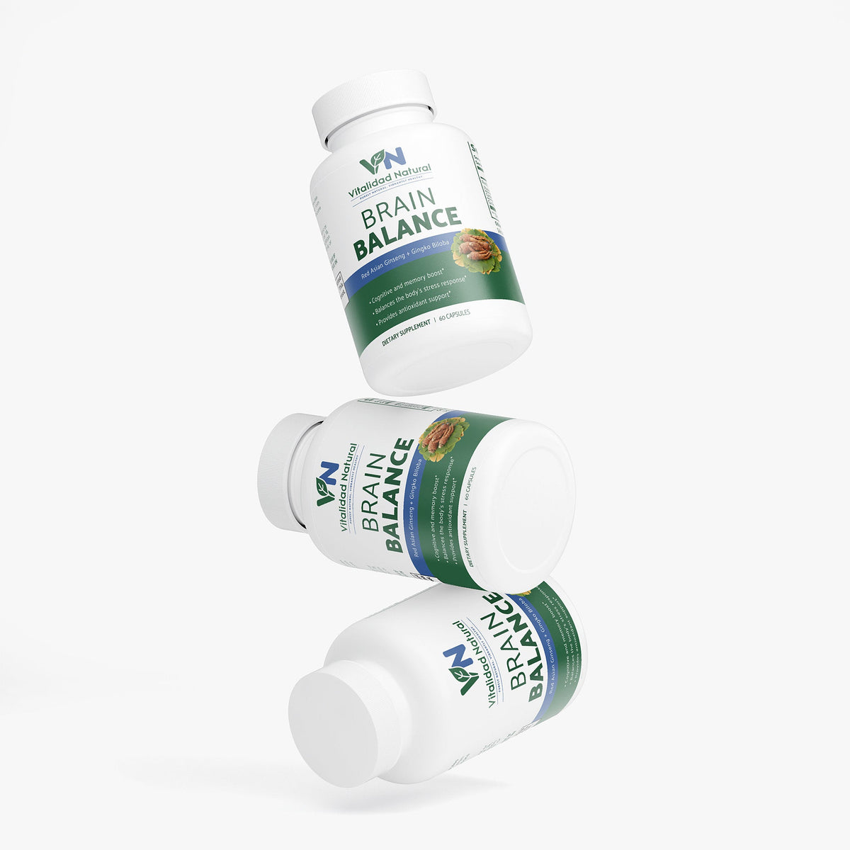 Three bottles of Brain Balance supplements on a white background