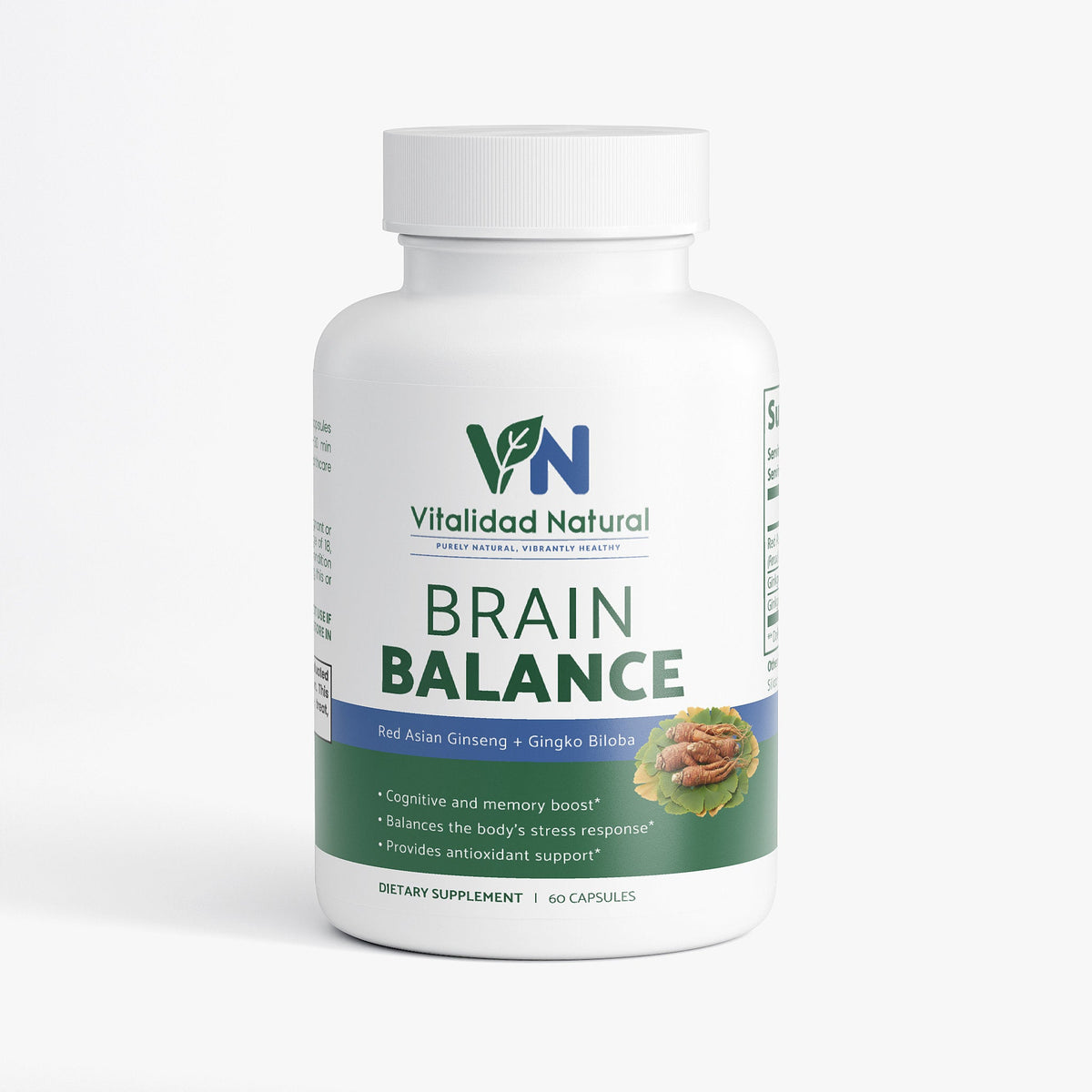 Vitalidad Natural Brain Balance supplement bottle on a white background