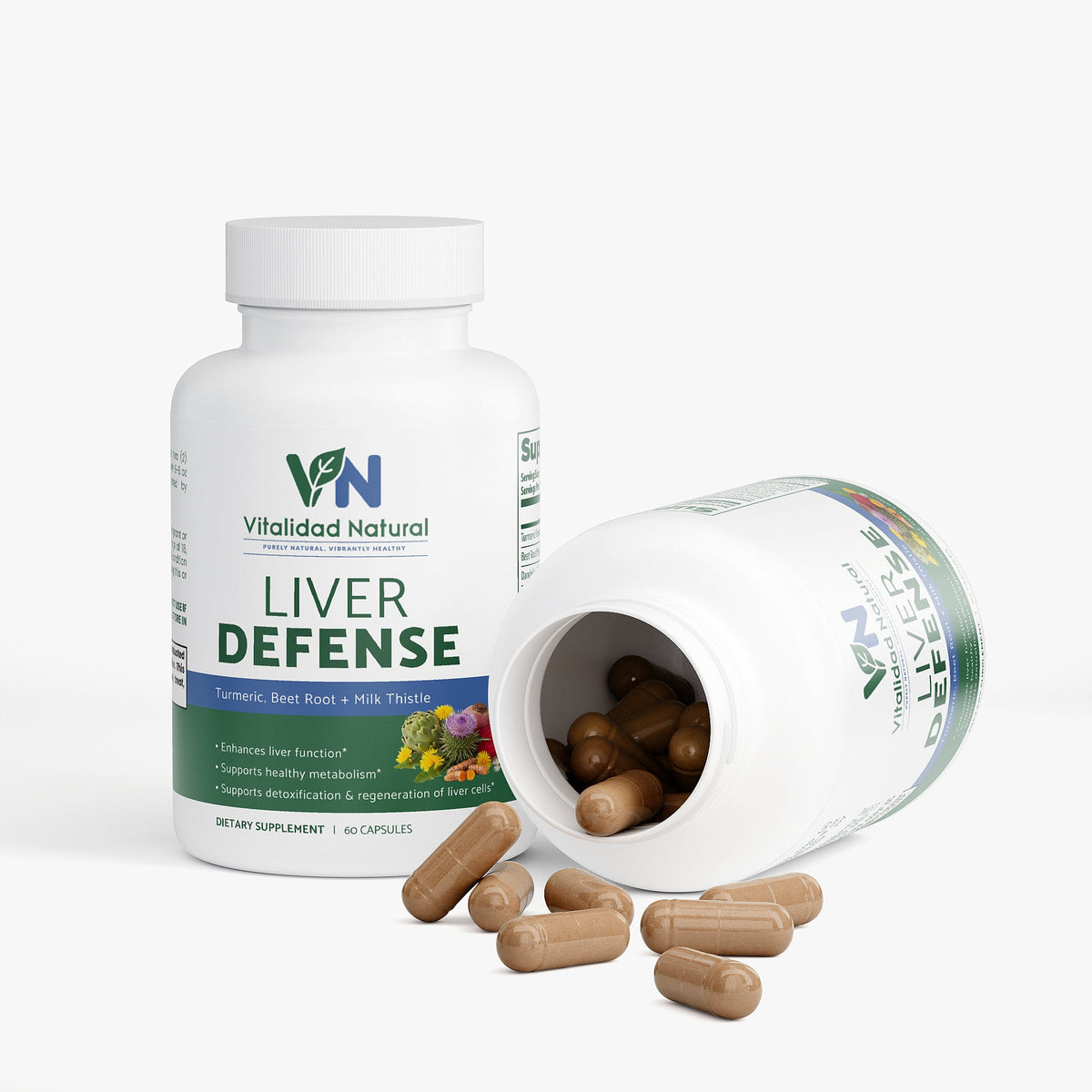 Vitalidad Natural Liver Defense supplement bottle with open lid showing capsules on a white background
