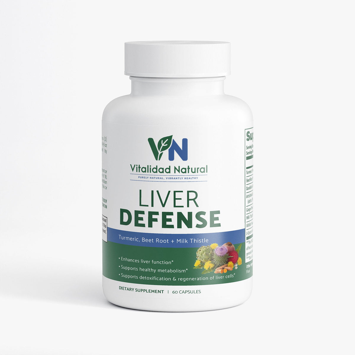 Vitalidad Natural Liver Defense supplement bottle on a white background