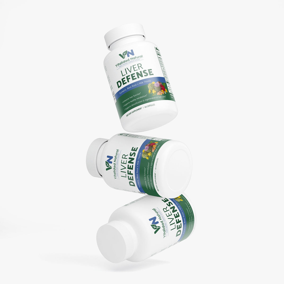 Three bottles of Liver Defense supplement on a white background