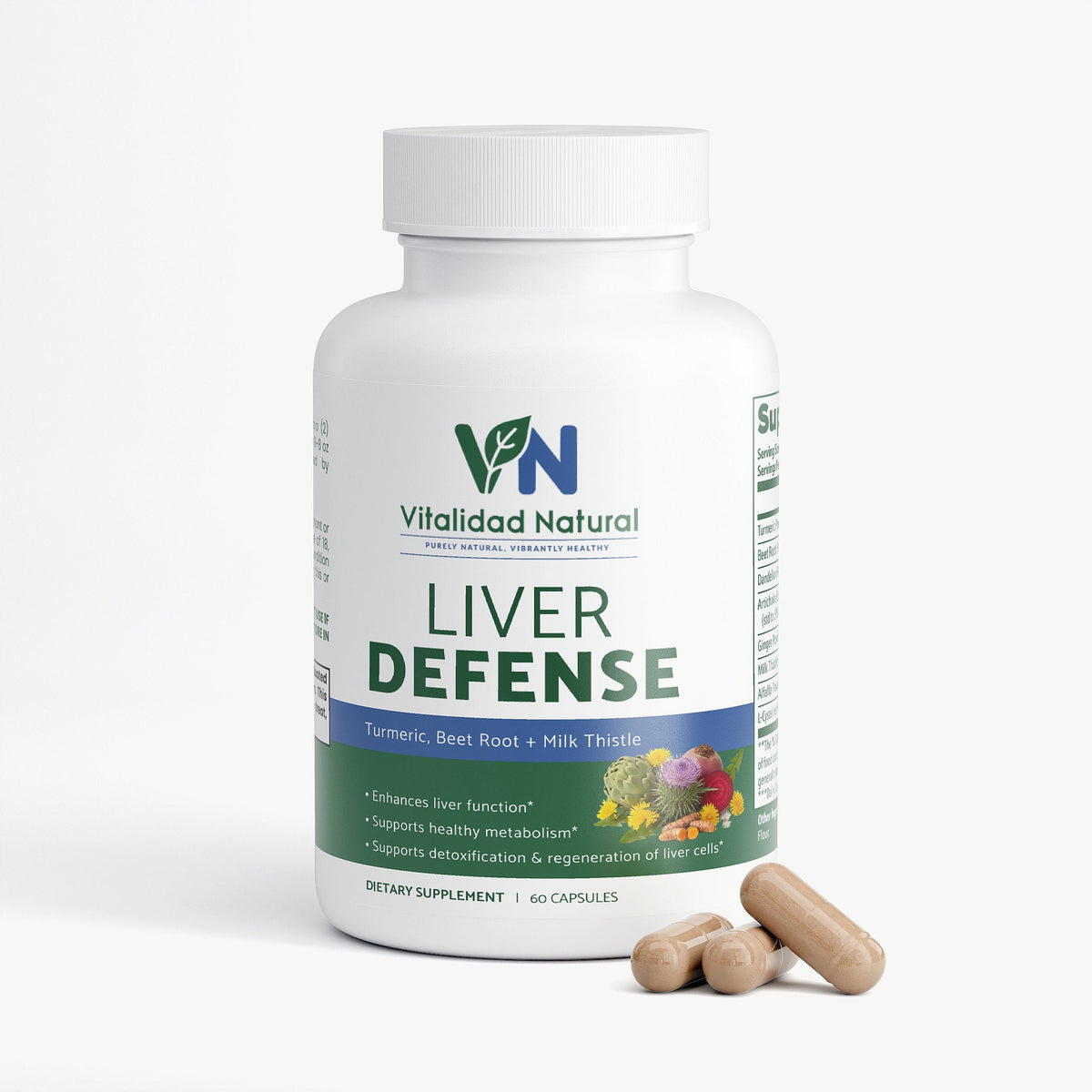 Vitalidad Natural Liver Defense supplement bottle with capsules on a white background