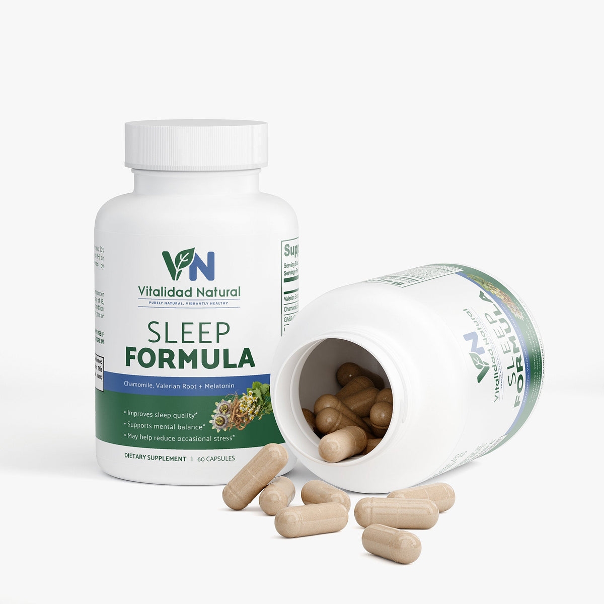 Vitalidad Natural Sleep Formula supplement bottle with open lid showing capsules on a white background