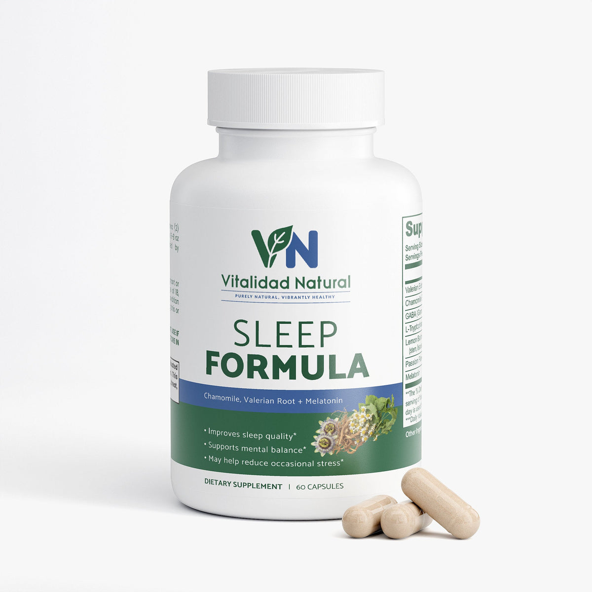 Vitalidad Natural Sleep Formula supplement bottle with capsules on a white background