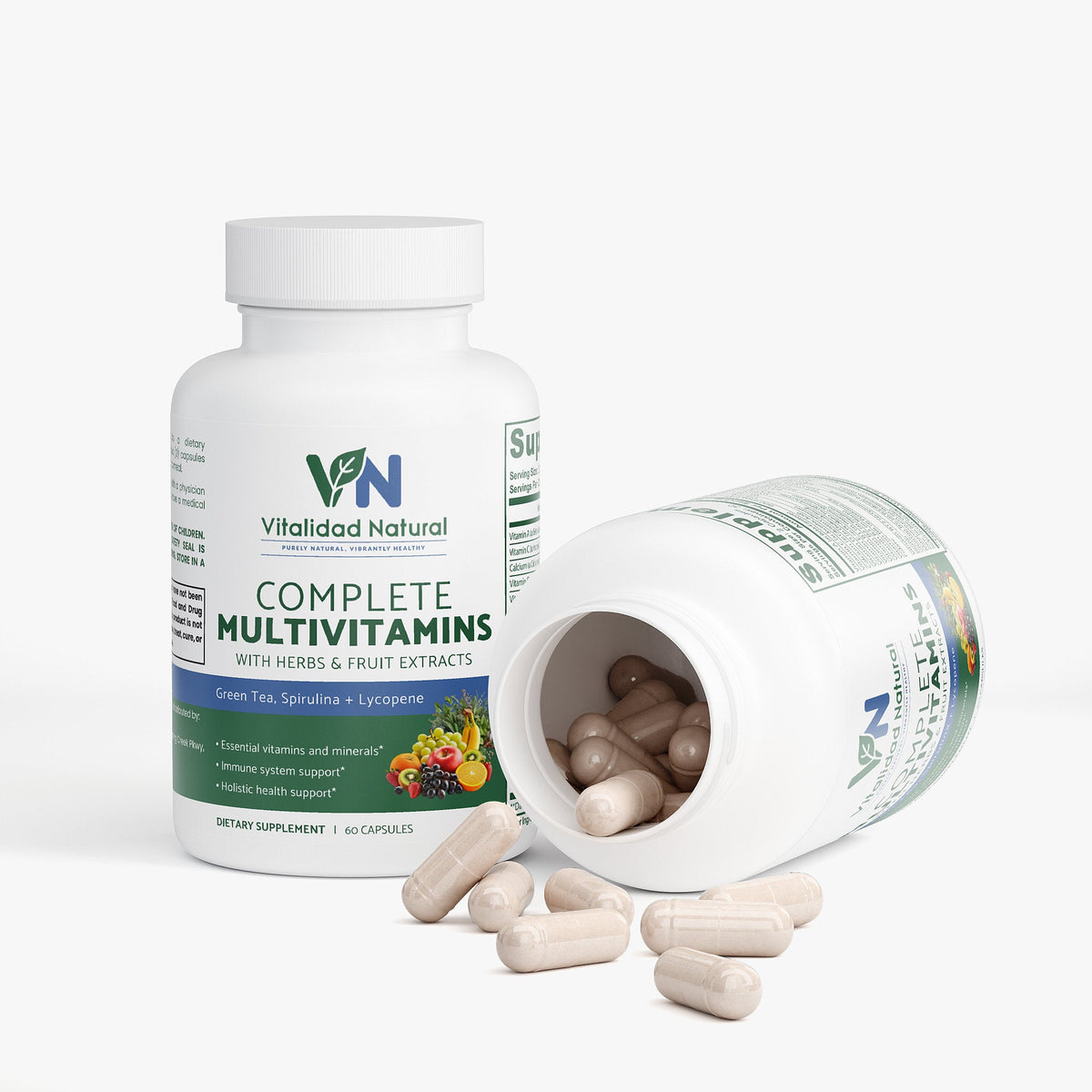 Vitalidad Natural Complete Multivitamins bottle with open cap showing capsules on a white background