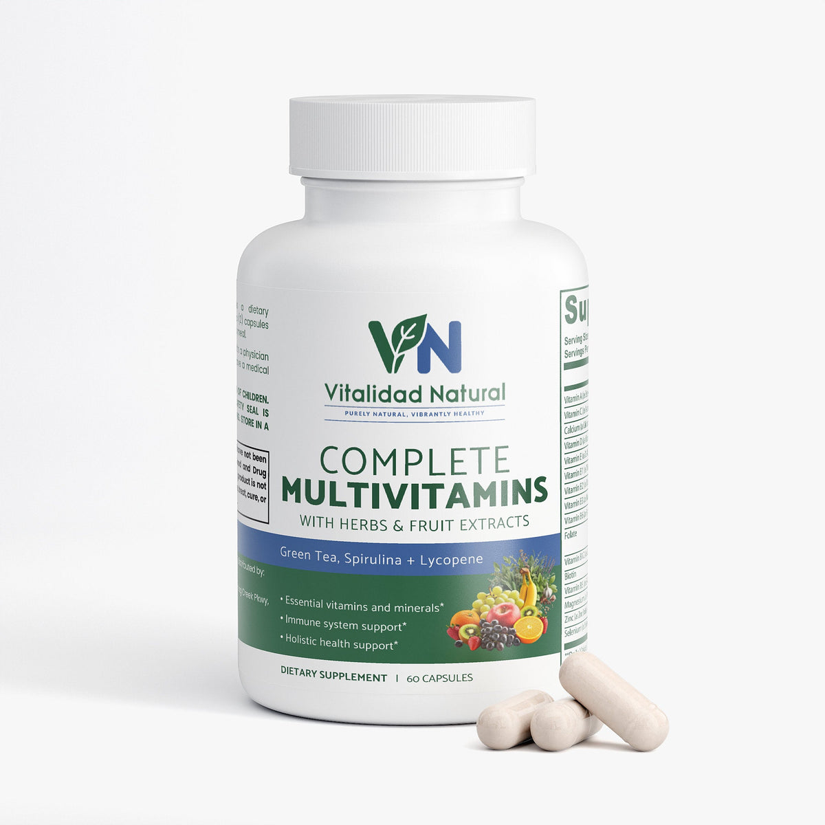 Vitalidad Natural Complete Multivitamins bottle with capsules on a white background