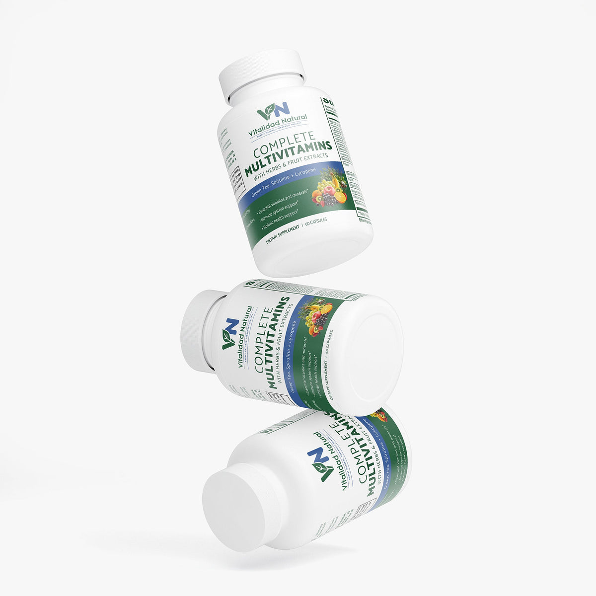 Three bottles of Complex Multivitamins on a white background