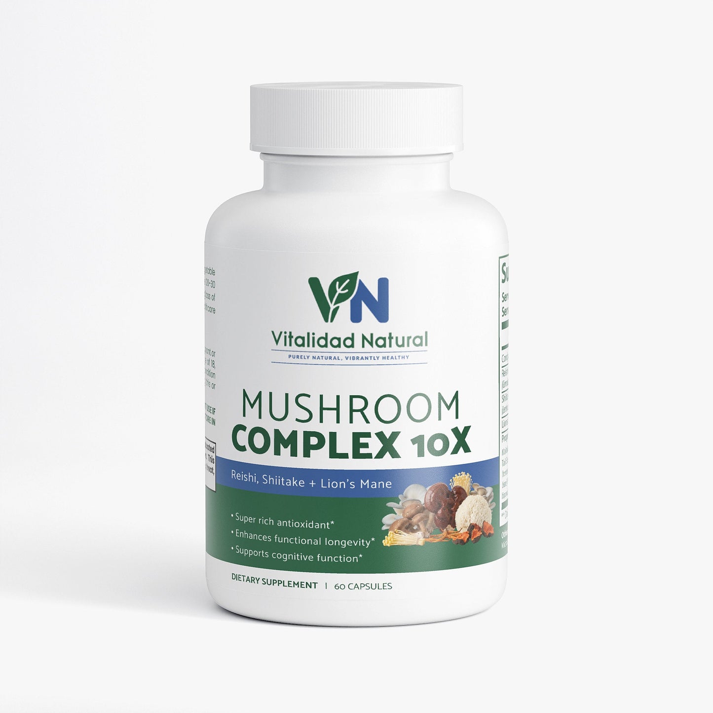Vitalidad Natural Mushroom Complex 10X supplement bottle on a white background