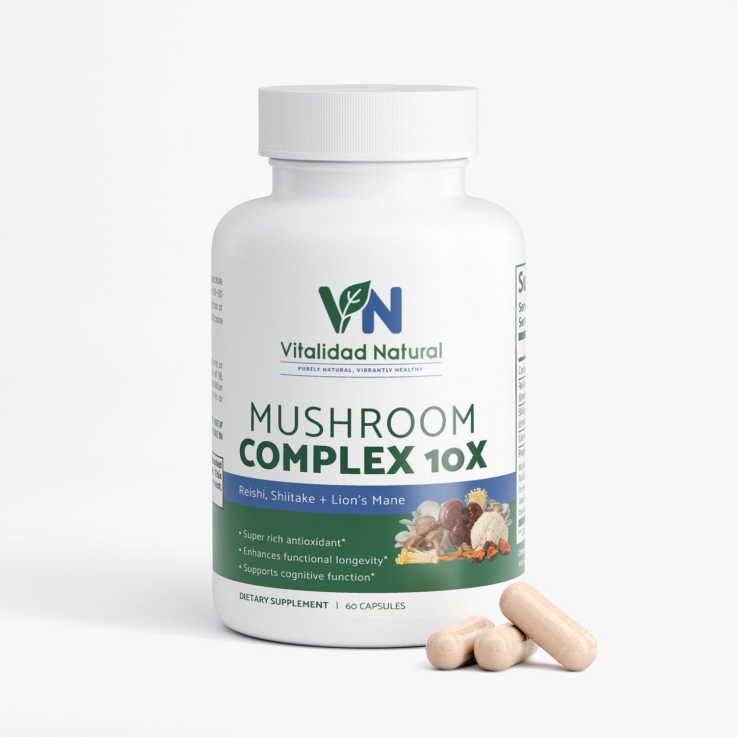 Vitalidad Natural Mushroom Complex 10X supplement bottle with capsules on a white background