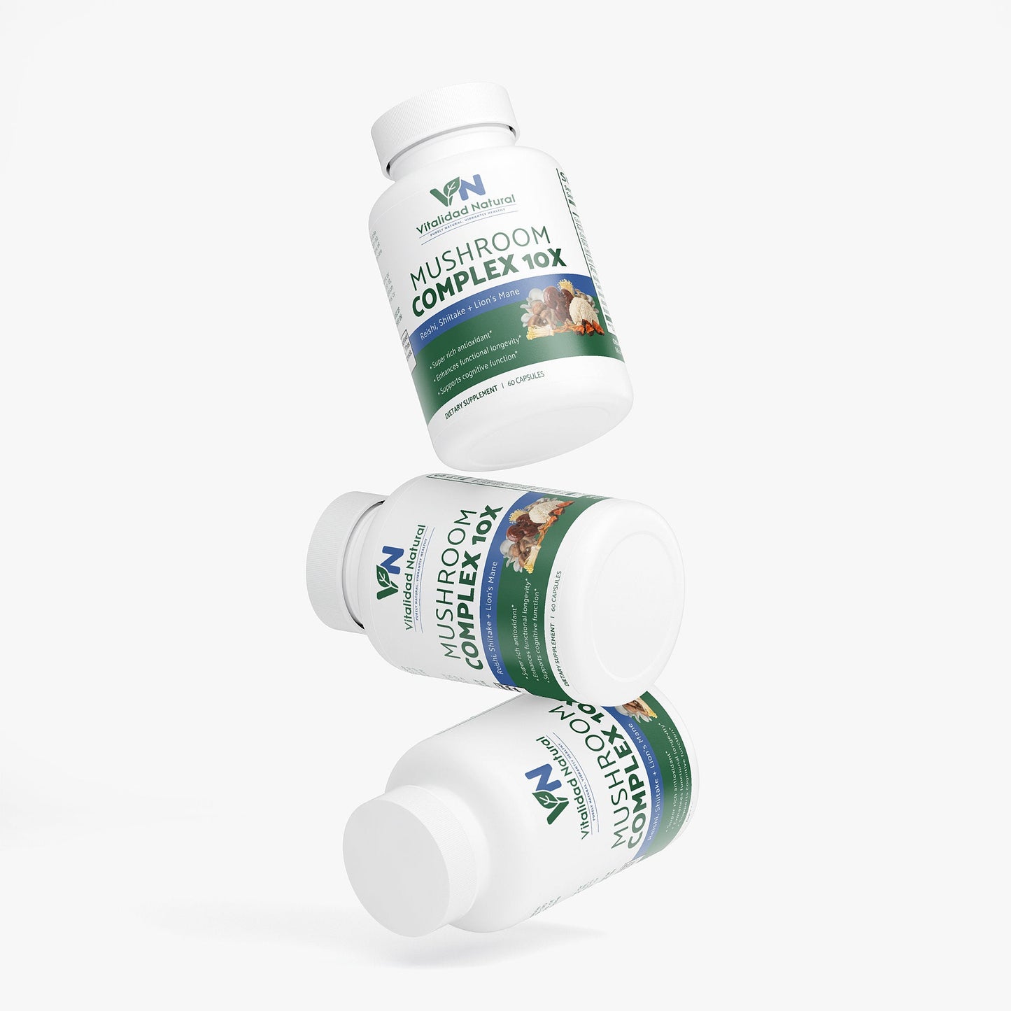 Three bottles of Mushroom Complex 10X supplement on a white background