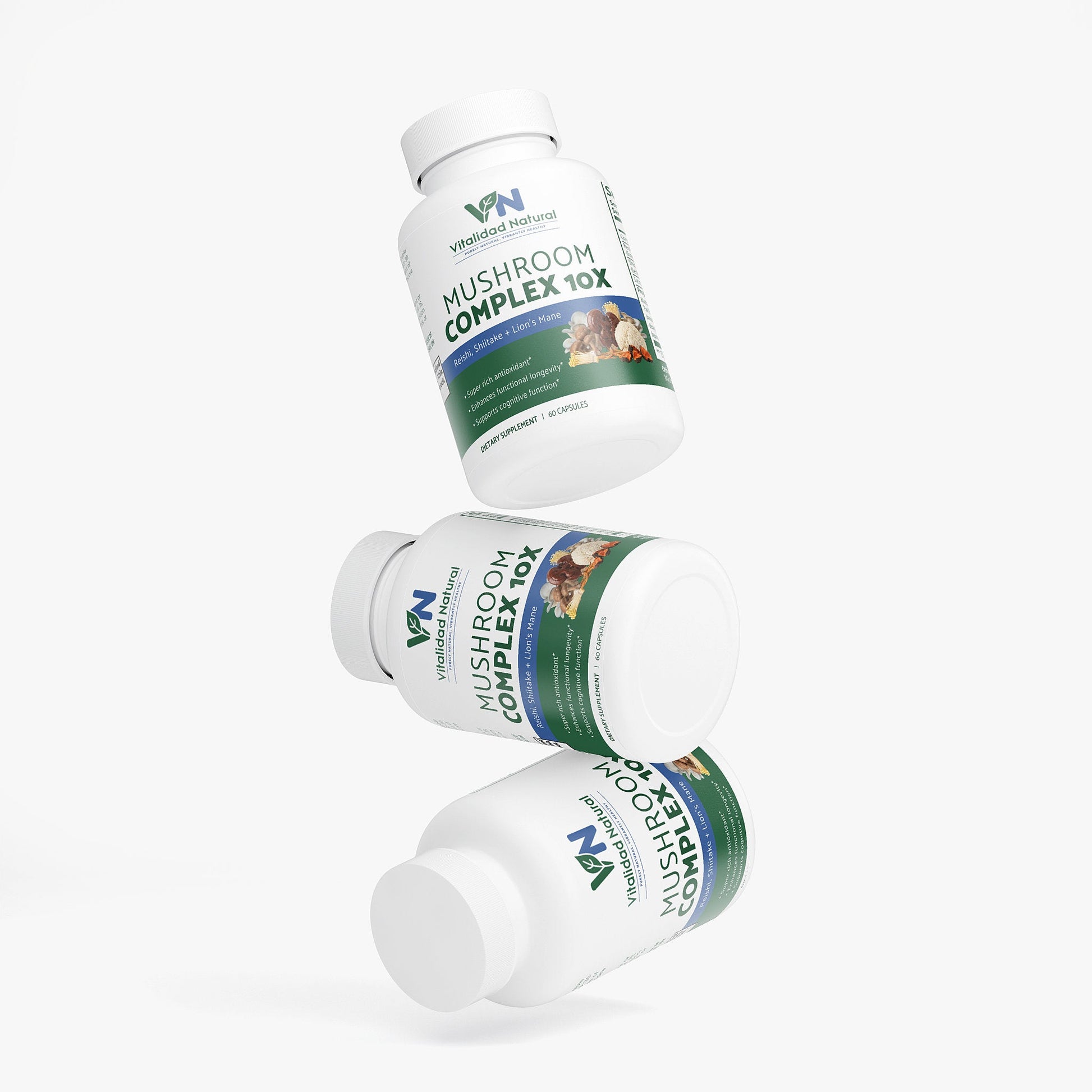 Three bottles of Mushroom Complex 10X supplement on a white background
