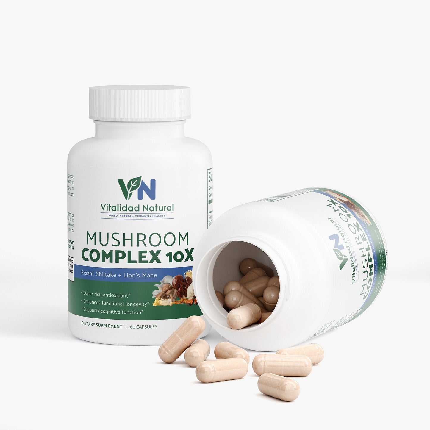 Vitalidad Natural Mushroom Complex 10X supplement bottle with open lid showing capsules on a white background