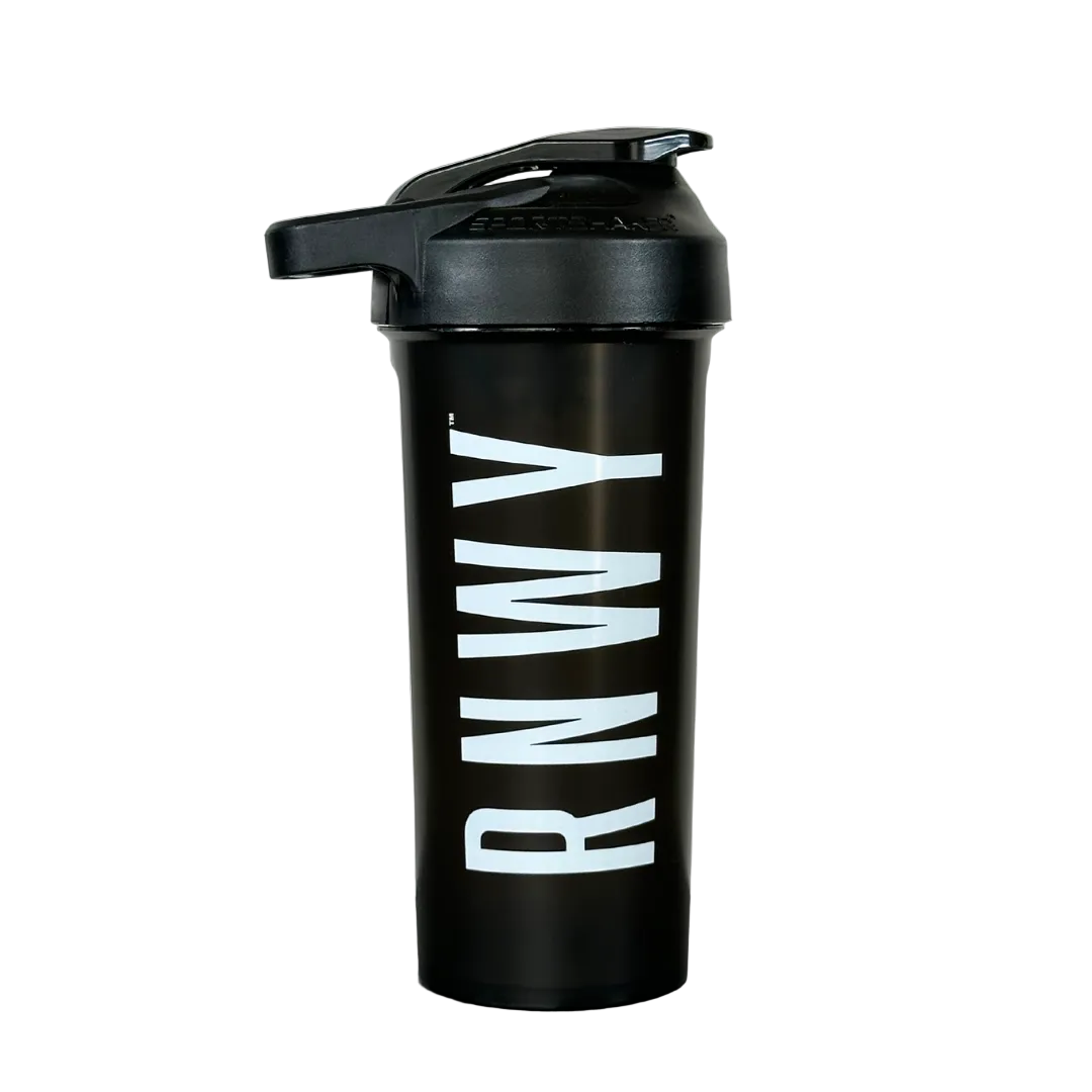 Black shaker bottle with 'RNW' branding on a white background