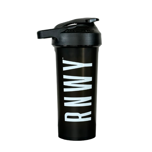 Black shaker bottle with 'RNW' branding on a white background