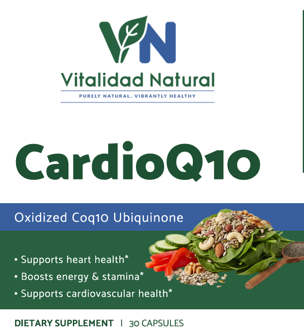 Vitalidad Natural CardioQ10 supplement packaging with ingredients and health benefits listed.