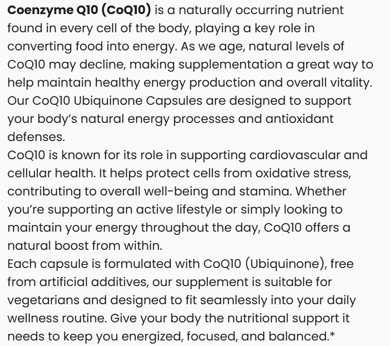 Text description of Coenzyme Q10 supplement with benefits and features.
