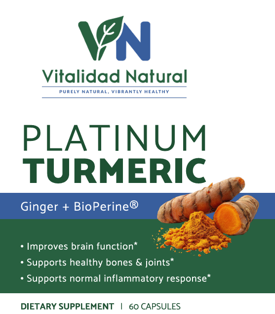 Vitalidad Natural Platinum Turmeric supplement packaging with turmeric roots and powder on a white background.