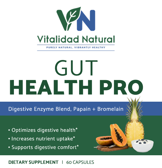 Vitalidad Natural Gut Health Pro supplement packaging with ingredients and benefits listed.