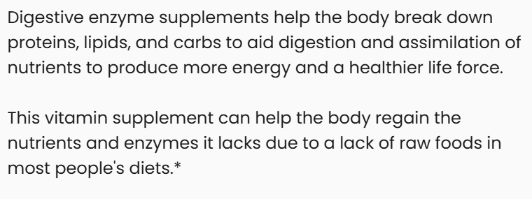 Text describing digestive enzyme supplements and their benefits on a white background