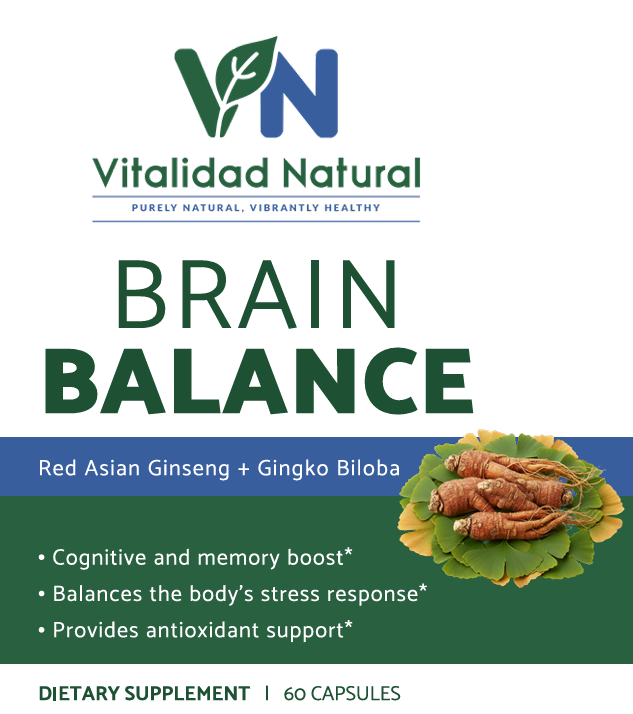 Vitalidad Natural Brain Balance supplement packaging with ginseng and ginkgo biloba on a white background