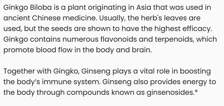 Text about Ginkgo Biloba and Ginseng with a black background