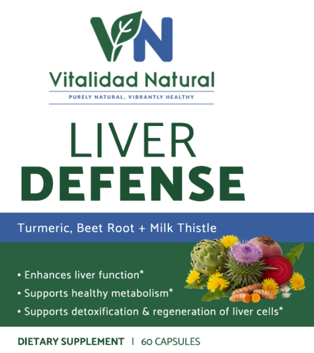 Vitalidad Natural Liver Defense supplement packaging with herbs and text on a white background