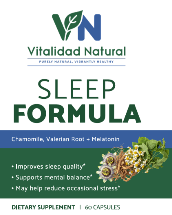 Vitalidad Natural Sleep Formula supplement packaging with herbs and text on a white background