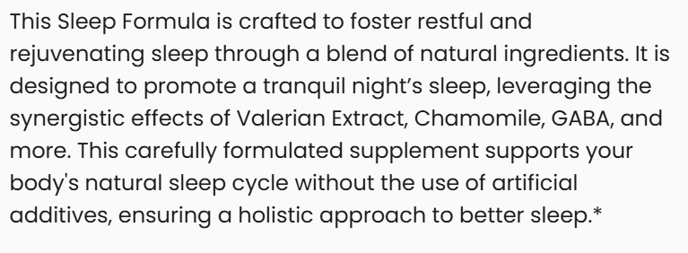 Text describing a sleep formula with natural ingredients on a white background