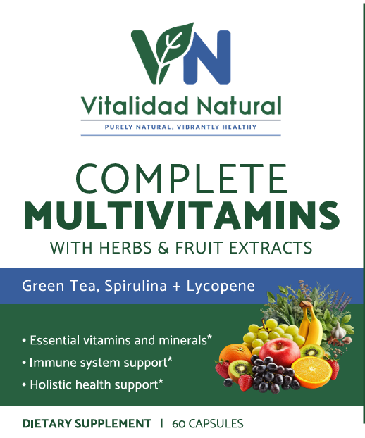 Vitalidad Natural Complete Multivitamins packaging with herbs and fruit extracts on a white background