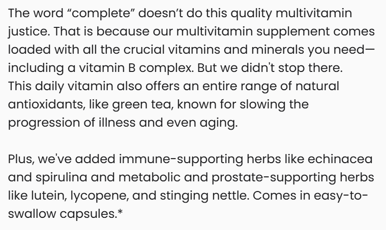 Text description of a multivitamin supplement with health benefits and ingredients listed.