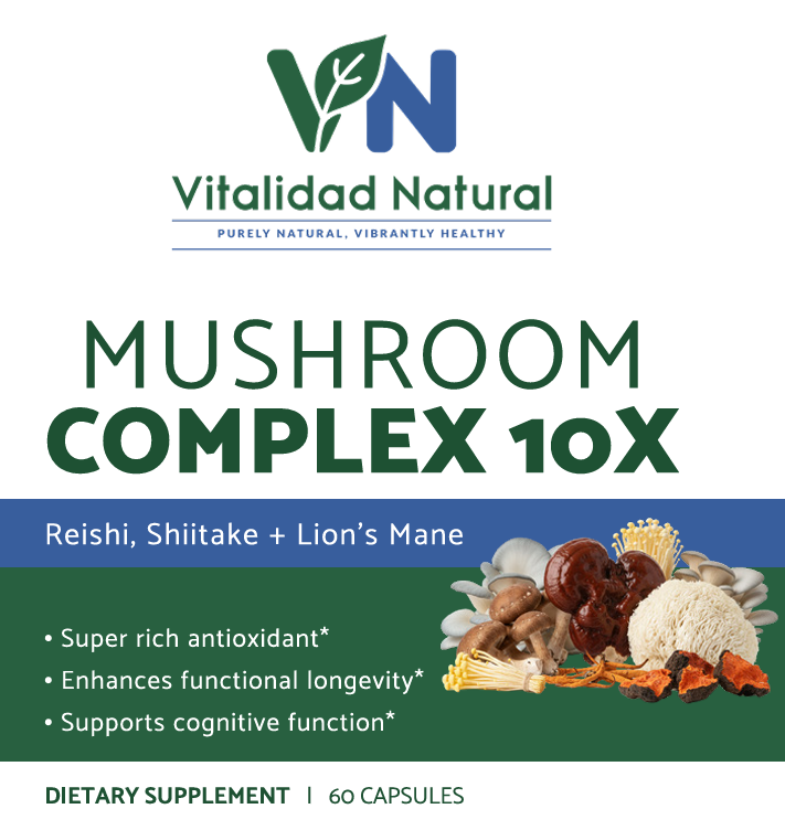 Vitalidad Natural Mushroom Complex 10X supplement packaging with mushrooms and brand logo.