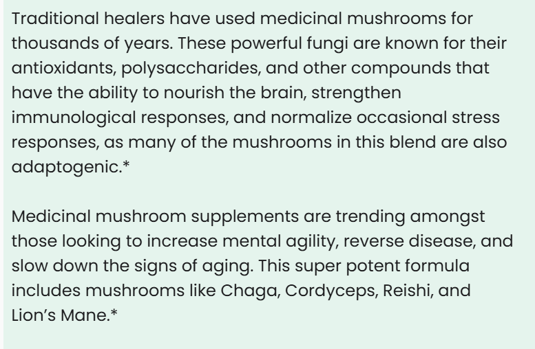 Text about medicinal mushrooms and their uses on a white background