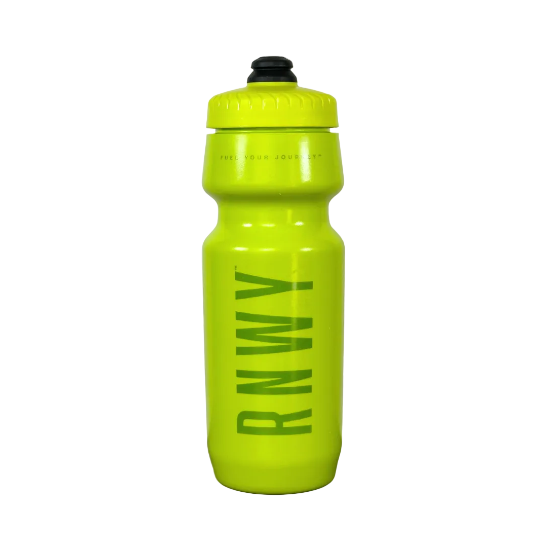 Yellow water bottle with 'RNWY' branding on a white background