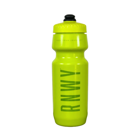 Yellow water bottle with 'RNWY' branding on a white background