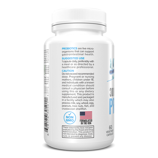 Probiotic supplement bottle with label on a white background