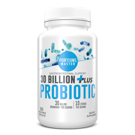 Probiotic supplement bottle with 'Portions Master' branding on a white background