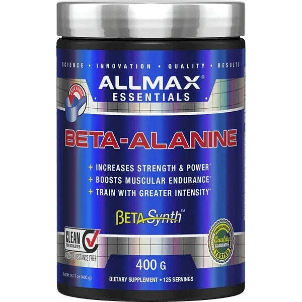 Allmax Essentials Beta-Alanine supplement container on a white background