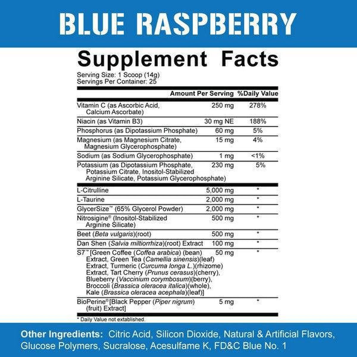Supplement facts label for a product with blue raspberry flavor.