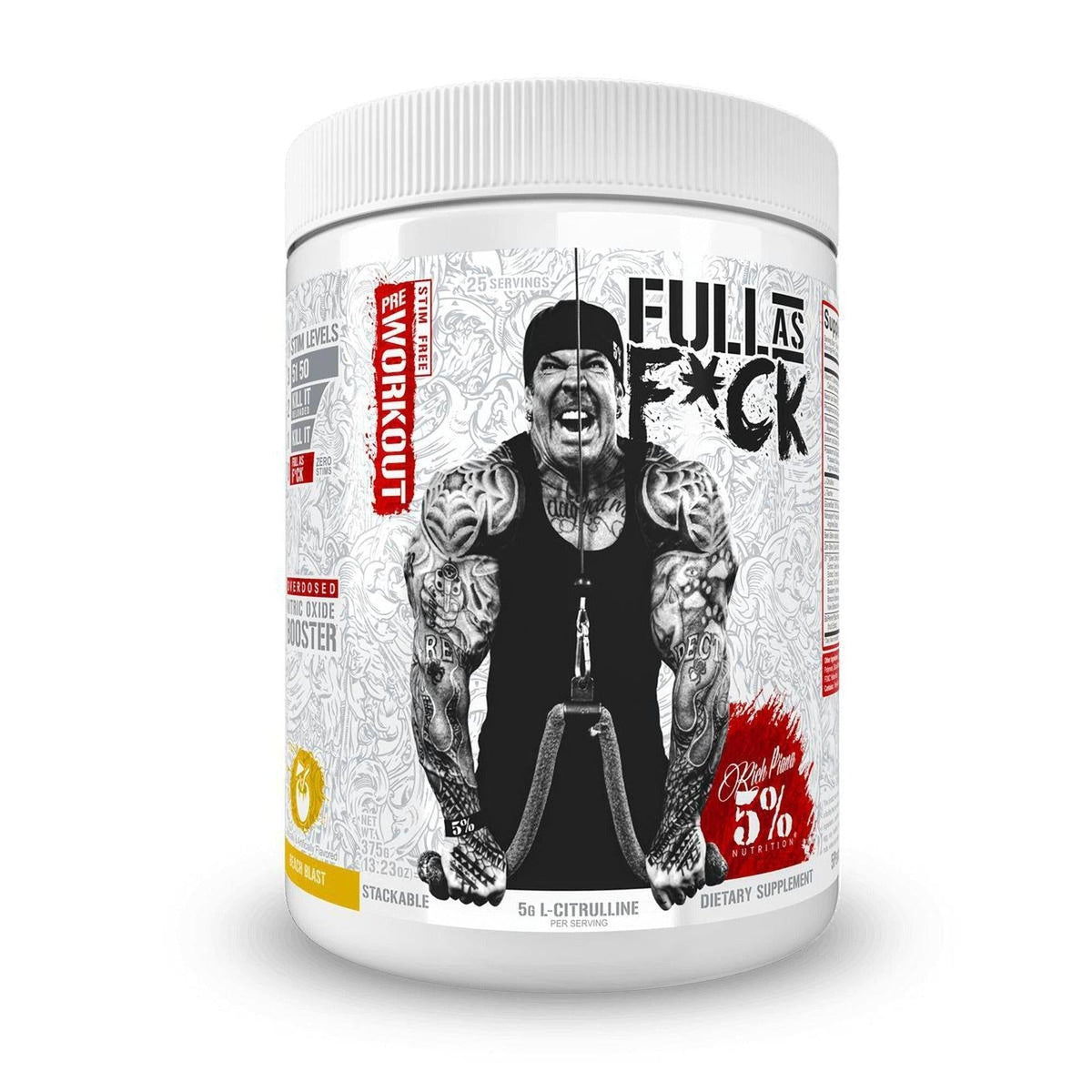 Supplement container with graphic design and text on a white background
