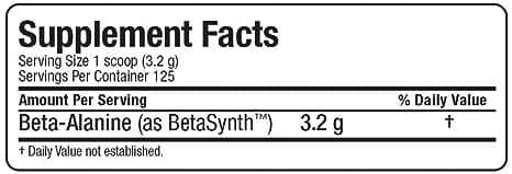 Supplement facts label for Beta-Alanine with serving size and container information.