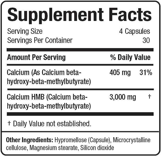 A close-up of a supplement facts label showing calcium information, including serving size 4 capsules, servings per container 30, and calcium amounts 405 mg and 3,000 mg with daily value percentages 31% and not established.